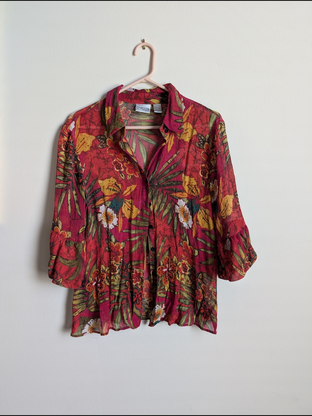Chico's Red Floral Button-Front Shirt Flare Sleeve 100% Silk Size L